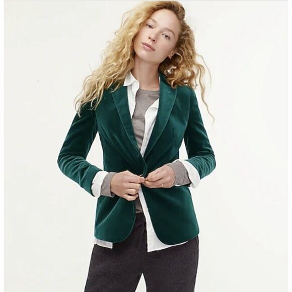 J. CREW Schoolboy Blazer Velvet Evergreen Forest Green Sz 0 {RR5} - Picture 1 of 5